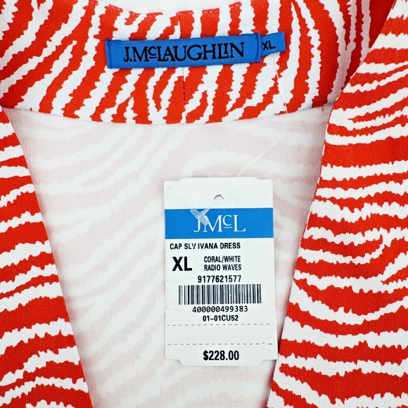 J.McLaughlin Ivana Dress XL Coral White Radio Waves Stripe V-Neck Cap Sleeve NWT - Picture 4 of 8